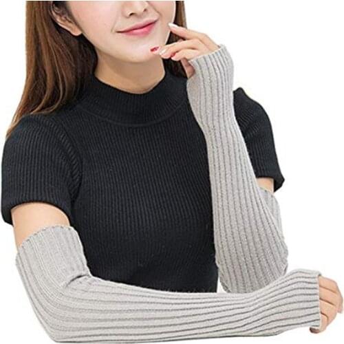 Winter Womens Arm Warmer Knitted Woolen Arm Sleeve Solid Color Fine Long Knitted Fingerless Gloves Simple Female Gloves Mittens