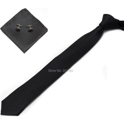 2018 Solid black mens slim neck tie set Handkerchief cufflinks