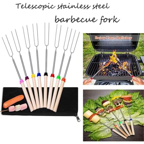 8pcs Barbecue Fork Colorful U-shaped Wooden Handle Telescopic Barbecue Fork Roasting Skewers BBQ Forks for Camping Picnic