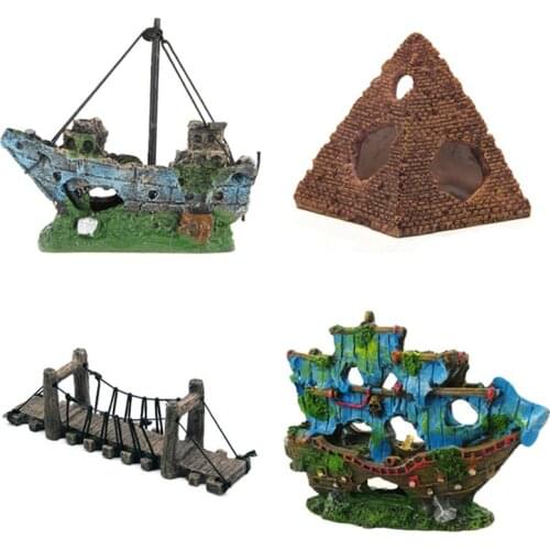 9 Style Resin Aquarium Ornament Cartoon House Decoration Stone Cave Fish Tank Wreck Boat Barrel Rock Hiding For Fish Shrimp