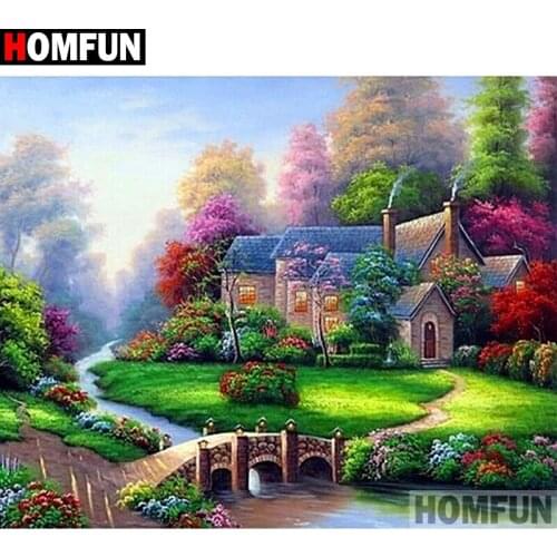 HOMFUN Full Square/Round Drill 5D DIY Diamond Painting "House bridge landscape" Embroidery Cross Stitch 3D Home Decor A10623