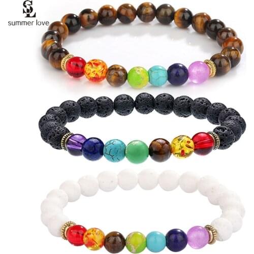 7 Chakra Reiki Healing Beads Bracelets 8mm Natural Tigey Eye Lave Stone Beaded Stretch Bracelet for Women Men Yoga Jewelry