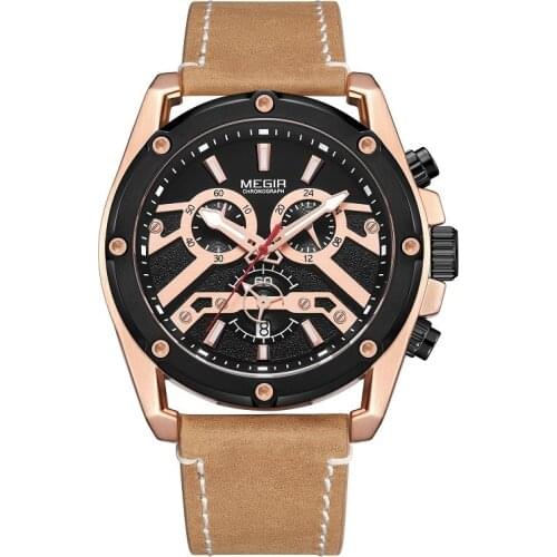 MEGIR Official Quartz Men Watches Fashion Genuine Leather Chronograph Military Watch Clock Men Relogio Masculino Erkek Kol Saati