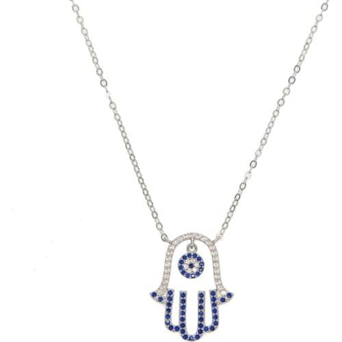 Long Lucky Turkish evil eye hamsa hand necklace delicate chain pave blue cz pendant necklaces 100% 925 sterling silver jewelry