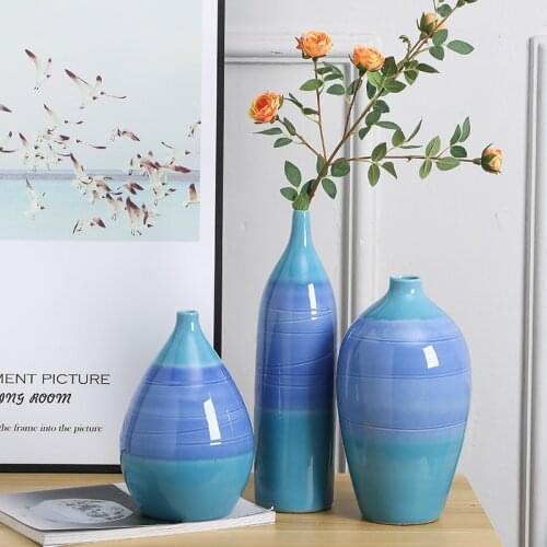 Home Furnishing Ornaments Decoration Classic Simple Blue Ceramic Flower Vases Long neck on Glaze Insert Crafts