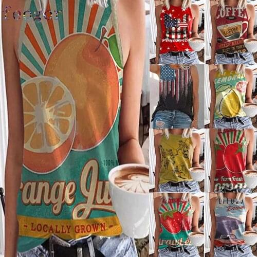 FEOGOR Loose top Womens shirt Womens vest Summer New Womens Independence Day Fruit Print Round Neck Slim Small Vest Flag