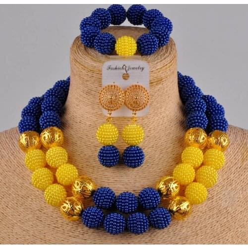 Royal blue yellow african jewelry set simulated pearl nigerian beads wedding jewelry sets FZZ10