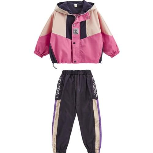 Kids girls leisure suit spring / autumn spell color hooded jacket + pant 2pcs sets of new big virgin suit