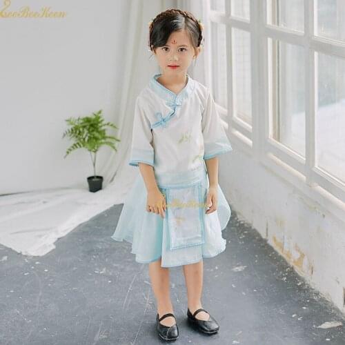 Girls Hanfu Short Suit Print Flower Buttonhole Loop Han Chinese Clothes Halloween Cosplay Costume Lolita Short Dress For Child