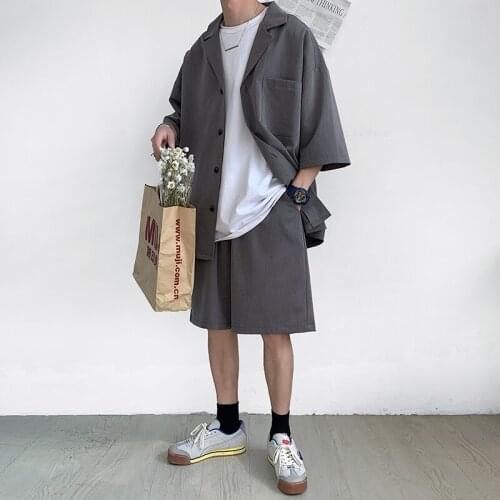 Korean Style Mens Set Suit Jacket and Shorts Solid Thin Short Sleeve Single Pocket Knee-Length Summer Oversized Clothing Man