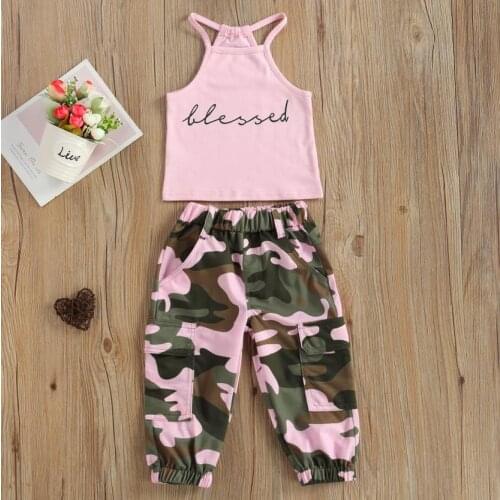 Summer Kids Girl 2Pcs Clothes Set Sleeveless Letter Printed High Neck Halter Vest Tops Camouflage Long Pants Children Sets