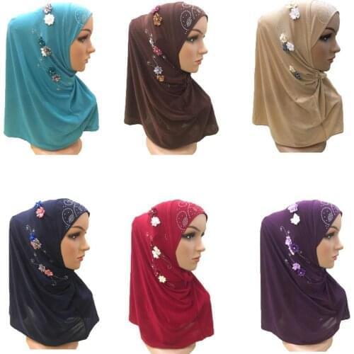 Fashion Women Muslim Flower Hijab Hot Drilling Amira Shawls Islamic Wrap Head Cover Caps Arab Turban Neck Cover Headwear Ladies