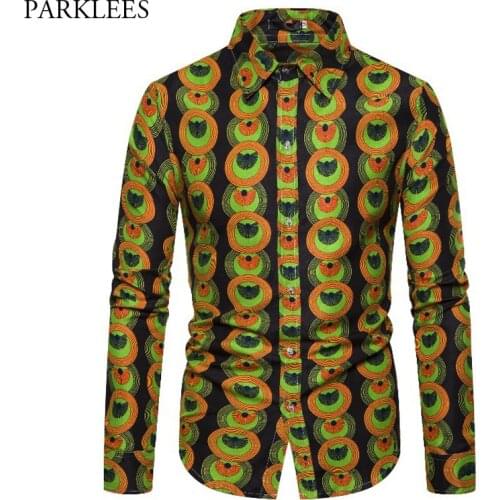3D Totem Circle Print African Shirt Men 2019 New Batik Wax Cotton Mens Dress Shirts Long Sleeve Bazin Riche Traditional Clothing
