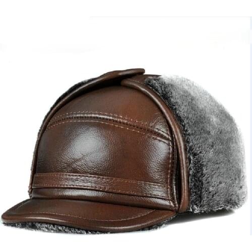 Men hats Winter Warm real leather caps Genuine Natural Fur With Leather Top Bomber Solid Hats Beanies