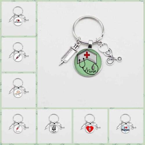 New fashion nurse doctor keychain syringe stethoscope image keychain glass cabochon key chain pendant gift