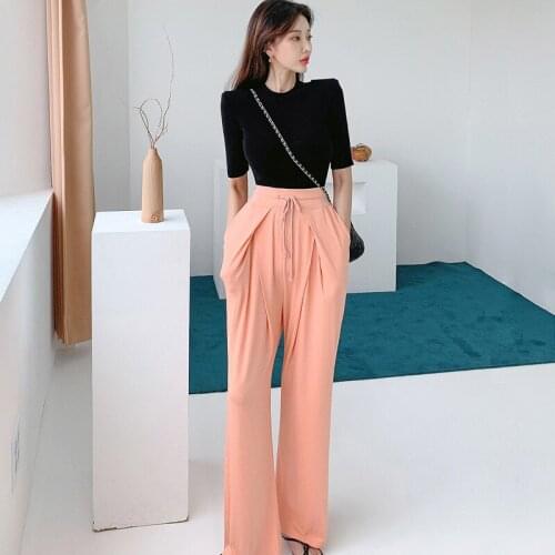 New arrival fashion set women summer sexy fresh knit bouncy t-shirt and loose long pant office lady vintage cute two piece set