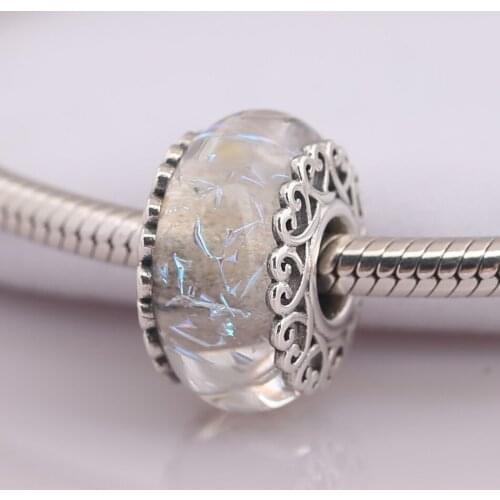 Authentic S925 Silver Bead Iridescent White Glass Charm fit Lady Bracelet Bangle DIY Jewelry