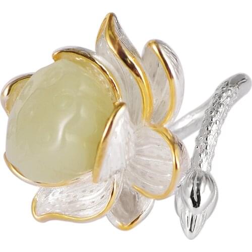 SA SILVERAGE S925 Sterling Silver Jewelry Hetian Jade Lotus Inlaid Ladies Fashion Personality Sterling Silver Rings Luxury Women