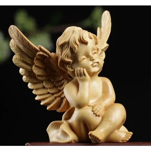 Boxwood Carving Household Car Decoration Creative Cartoon Sculpture Gifts Real Wood Angel Home Decor