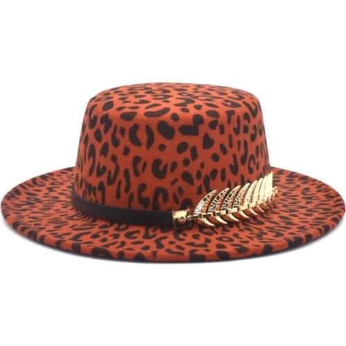 New Leopard Print Mens Fedoras Hat, Ladies Faux Wool Blended Jazz Hat, Wide Brim Simple Church Derby Flat Top Hat P14