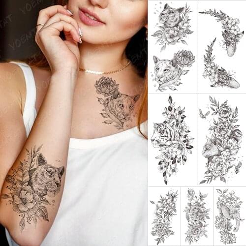 Waterproof Temporary Sleeve Arm Tatooo Stickers Tiger Lotus Peony Flower Line Leaf Tattoo Body Art Fake Tatoo Women Male Black
