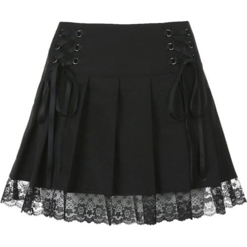 Harajuku Gothic Pleated Mini Short Skirt Women High Waisted Lace-Up Bandage Y2K Girls Rock Punk Black Skirts Goth Streetwear