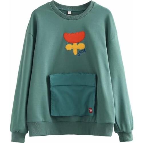 Green Floral Embroidery Women Sweatshirts 2020 Autumn Long Sleeve O-neck Cotton Hoodies Pocket Patchwork Sweet Style Pullovers