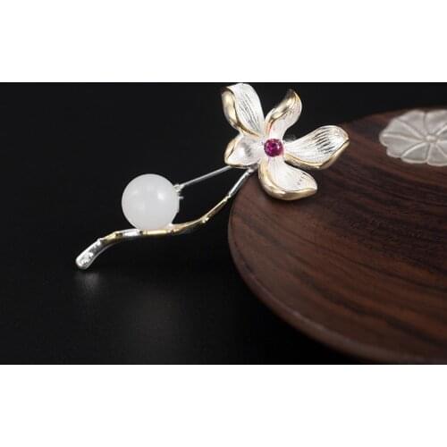 Cape Jasmine Jade Brooch 925 Sterling Silver Pins Gardenia Zircon Flower Brooches For Women Fine Jewelry Dress Suit Accessories