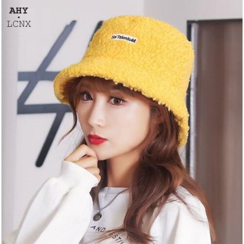 Lamb Wool Bucket Hat Winter Solid Color Hats for Women Lady Letter Embroidery Outdoor Warm Big Brim Adjustable Fisherman Hat