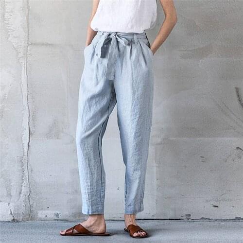 Johnature New Japanese Linen Women Harem Pants 2021 Vintage All Match Elastic Waist Loose Bandage Ankle-length Pants