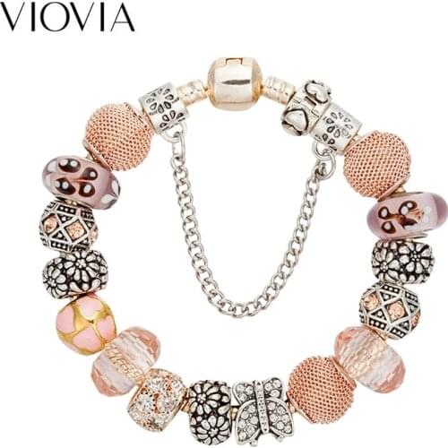 VIOVIA New Fashion Flower Series Charms Bracelet & Bangles Butterfly Rhinestone Beads Bracelet for Women Diy Jewelry B18009