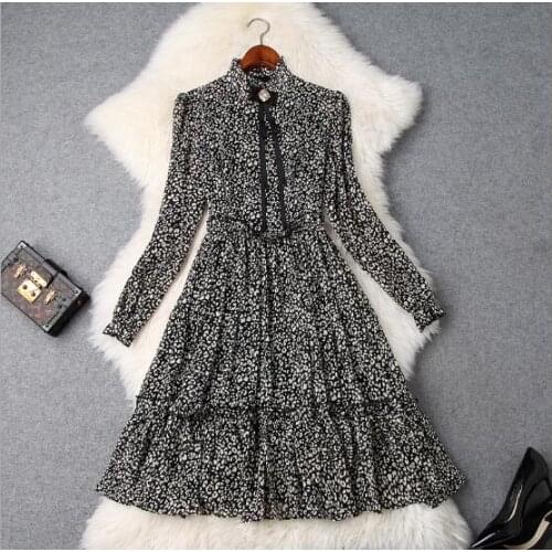 2019 spring womens new small stand collar bow leopard wood ear print lantern sleeve dressT3449