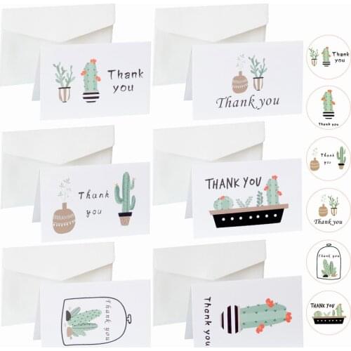 6sets Cute Cactus Folded Thank You Cards DIY Party Invitation Greeting Cards Creative Gift Card with Envelope Stickers