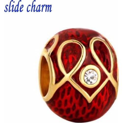 Slide charm wholesale Free shipping Red Clear Crystal Heart Charm Bracelet Pattern Love Beads Gold fit Pandora bracelet