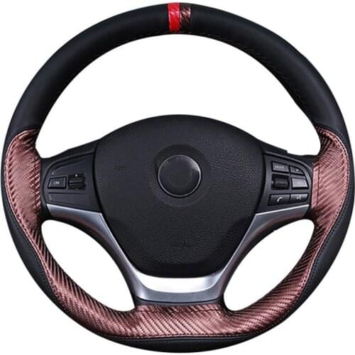 38cm Car Steering Wheel Decor Cover Brown color Breathable Leather＋Carbon Fiber Car Hand-Stitch