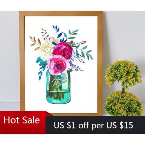 Flowers Mason Jar Print Ball Jar Bouquet Wall Art Canvas Painting Peony Rose Pink Picture Home Room Wall Decorative