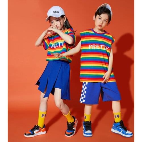 ChildrenS Day Jazz Cheerleading Performance Clothes Rainbow Stripes Tops Shorts Suit Performance Clothes Stage Outfits DQS7045