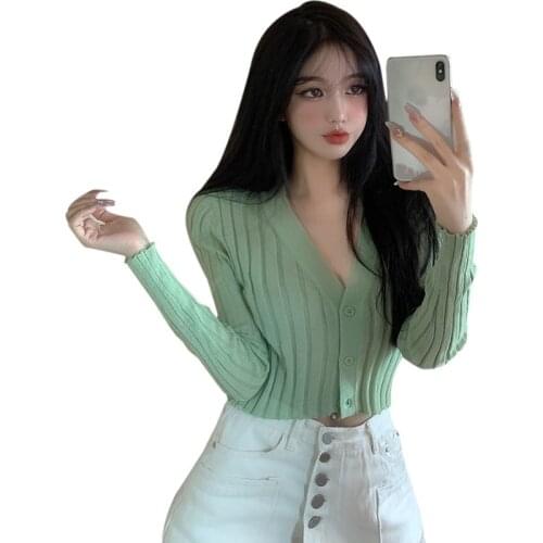 Women Cardigan Shirt Long Sleeve Soft Sexy V Neck Knitted Korean Short Top Sun Protection Single Breasted Pink Thin Blouse