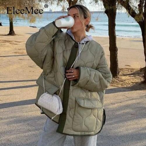 EleeMee Loose Coat For Women 2022 Winter Warm Pocket Argyle All-Match Ins Fashion Jacket Solid Color Female Parkas Size S-L