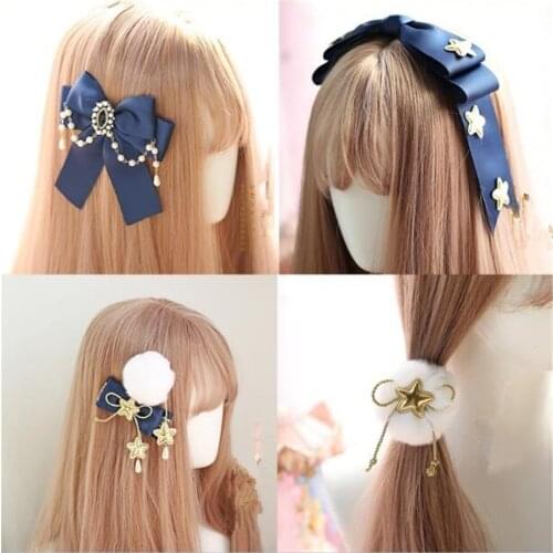 Retro Navy Blue Bow Headwear Accessories Lolita Cosplay Tassels Bowknot Side Clip Hairpin Hair hoop D305