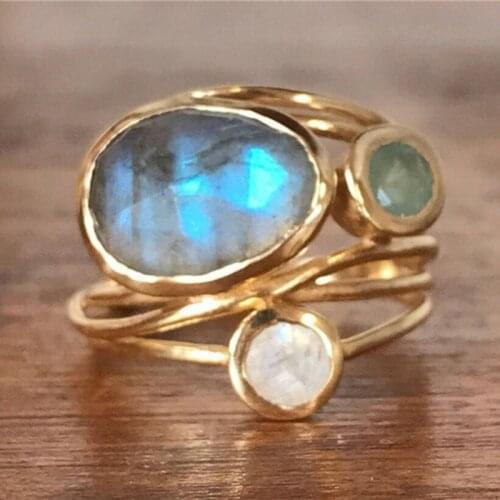 Delicate Multi-layers Cross Moonstone Rings for Women Boho Gold Color Round Opal Resin Simulated Shell Rings Jew