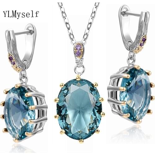 2PCS Sets Necklace/Earrings With Big Oval Blue Zircon Silver+Gold 2 Tone Plating Trendy Charming Statement Jewelry