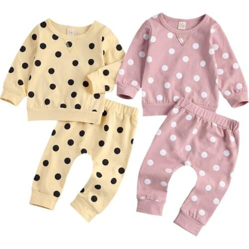 Newborn Baby Girls Boys Clothes Sets 2-piece Outfit Long Sleeve Polka Dot Pullover Sweatshirt Top+Pants