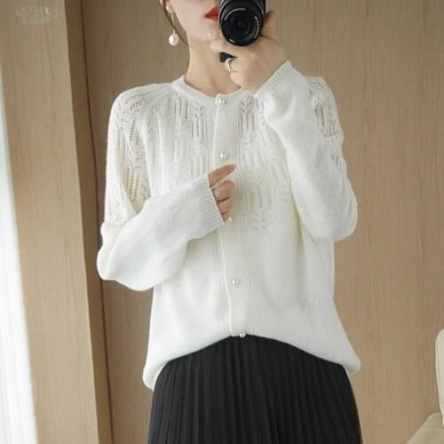 Korean O-neck knitted sweater womens thin cardigan 100% wool fashion long-sleeved loose coat large size blouse women