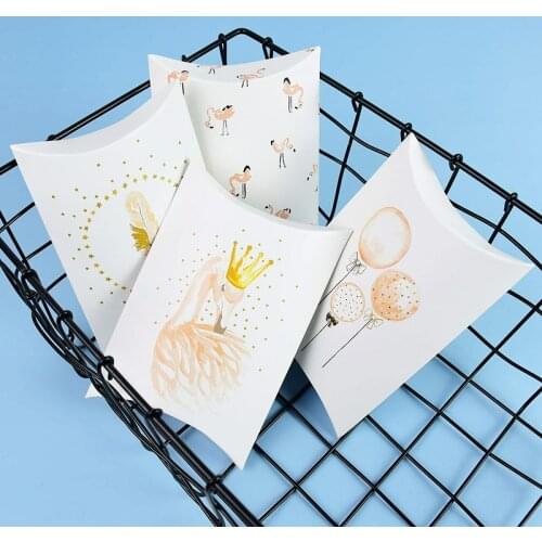 10Pcs Pillow Shape Wedding Favor Candy Box Balloon Flamingo Pattern Kraft Paper Box Bag For Birthday Party Gifts Jewelry Packing