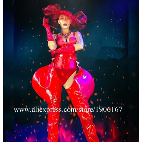 Chinese Style Red Ballroom Dance Costumes Hat Outfit Party Wears Bar Stage Show Catwalk Performance Clothes Halloween Suit Dress