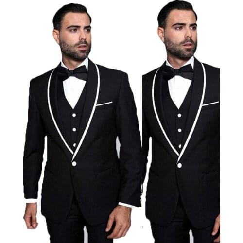 Handsome Simple Men Tuxedos Suits Shawl Lapel 3 Pieces Set One Button Black White Grooms Party Wedding Marriage Blazer