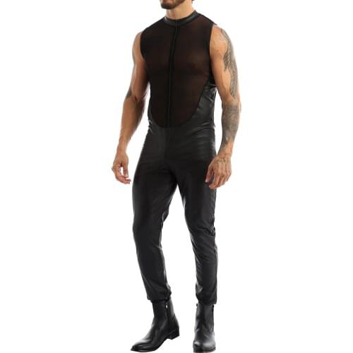 MSemis Mens Adult Sexy Body Suit Moto Wetlook Costumes Leather Sheer Mesh Splice Bodice Zipper Bodysuit Jumpsuit Clubwear
