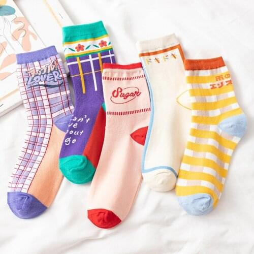 6 Pieces=3 Pairs/Set Korean Style Women Socks Kawaii Print Streetwear Harajuku Crew Ankle Sock TJ3066