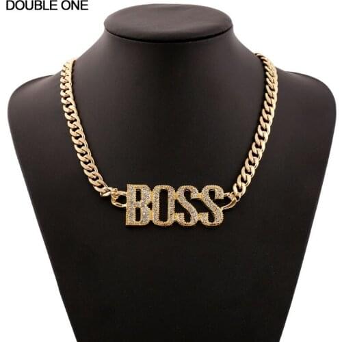 Hiphop BOSS Letter Crystal Necklaces Rhinestones Pendants & Chain Necklace Fashion Jewelry Silver Gold for Party Gift